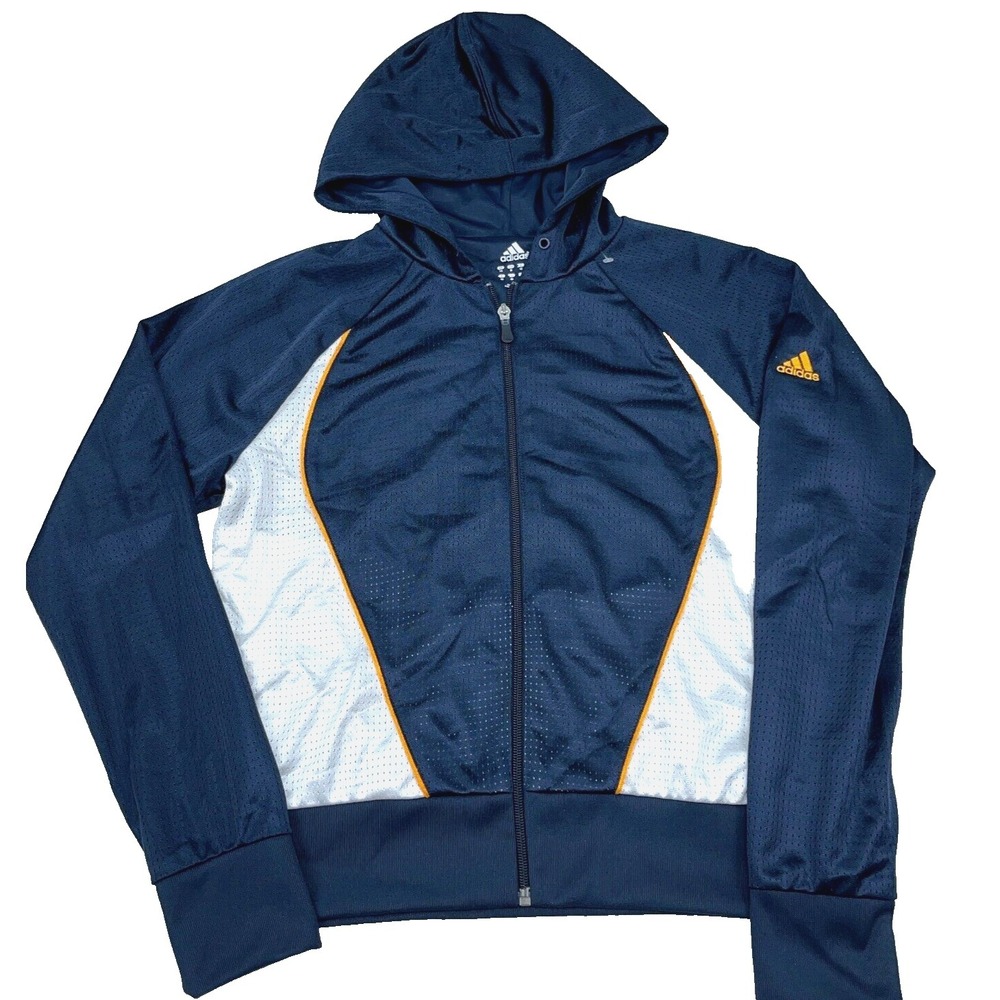 Adidas Hoodie Women Medium Blue White Sweatshirt Sweater Jacket Performance Gym*